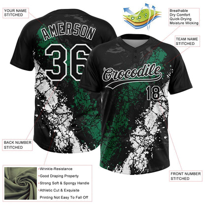 Custom Black Kelly Green-White Dripping Splatter Cracked Texture Two-Button Unisex Softball Jersey
