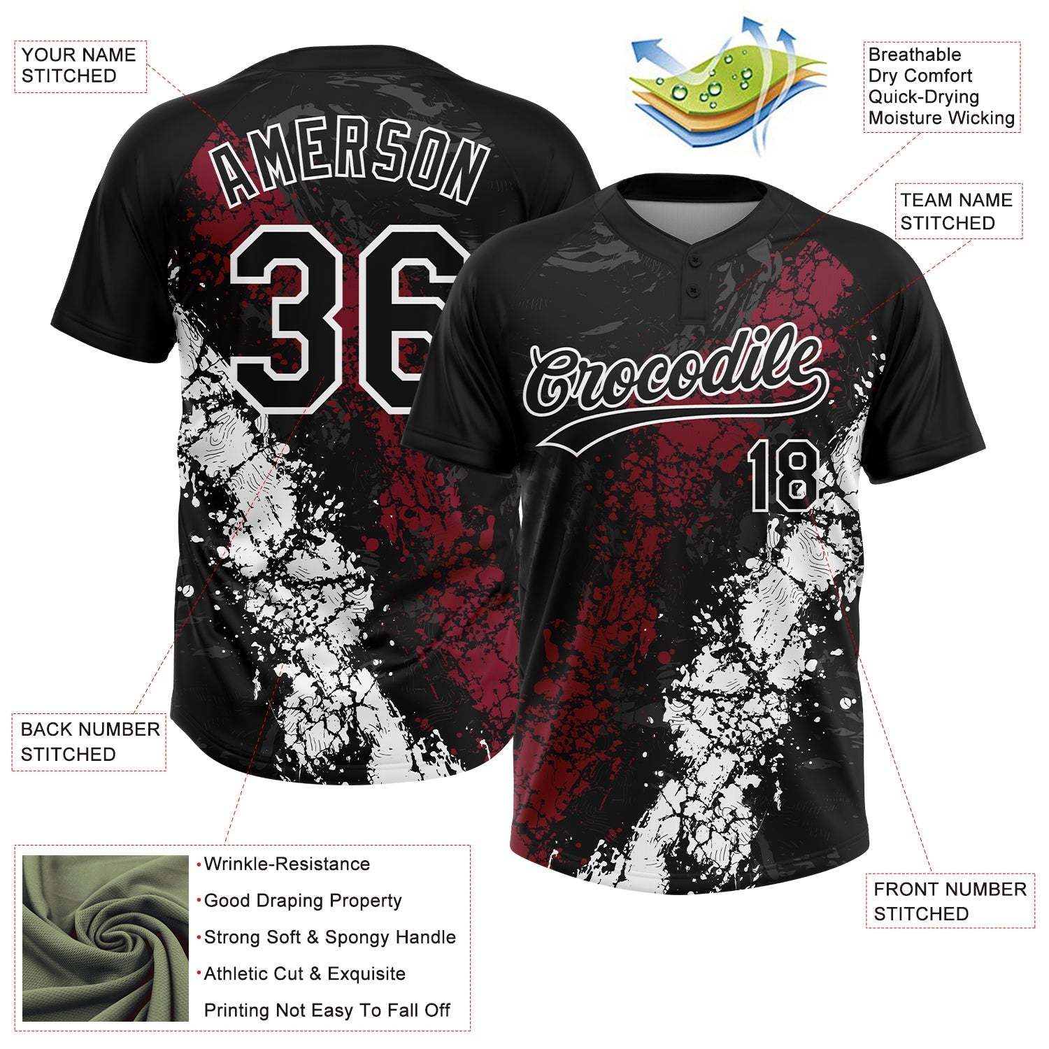 Custom Black Crimson-White Dripping Splatter Cracked Texture Two-Button Unisex Softball Jersey