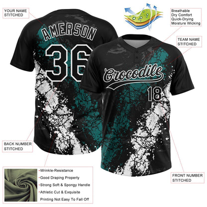 Custom Black Teal-White Dripping Splatter Cracked Texture Two-Button Unisex Softball Jersey