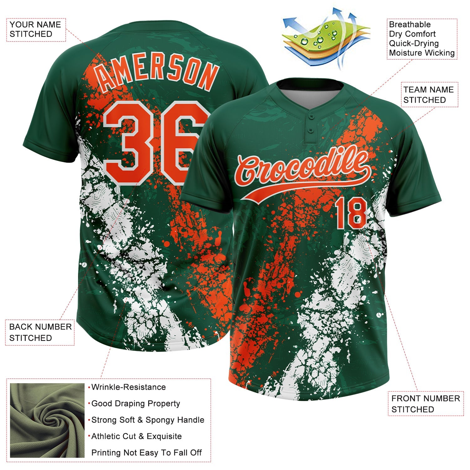 Custom Kelly Green Orange-White Dripping Splatter Cracked Texture Two-Button Unisex Softball Jersey