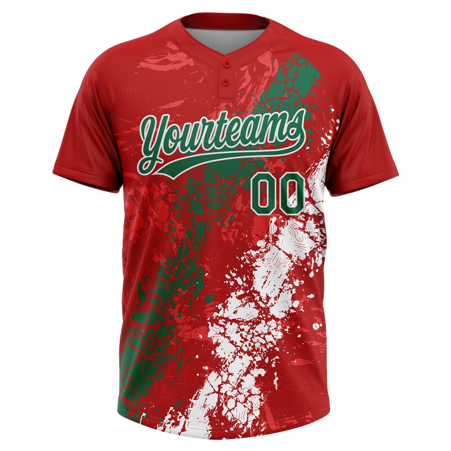 Custom Red Kelly Green-White Dripping Splatter Cracked Texture Two-Button Unisex Softball Jersey