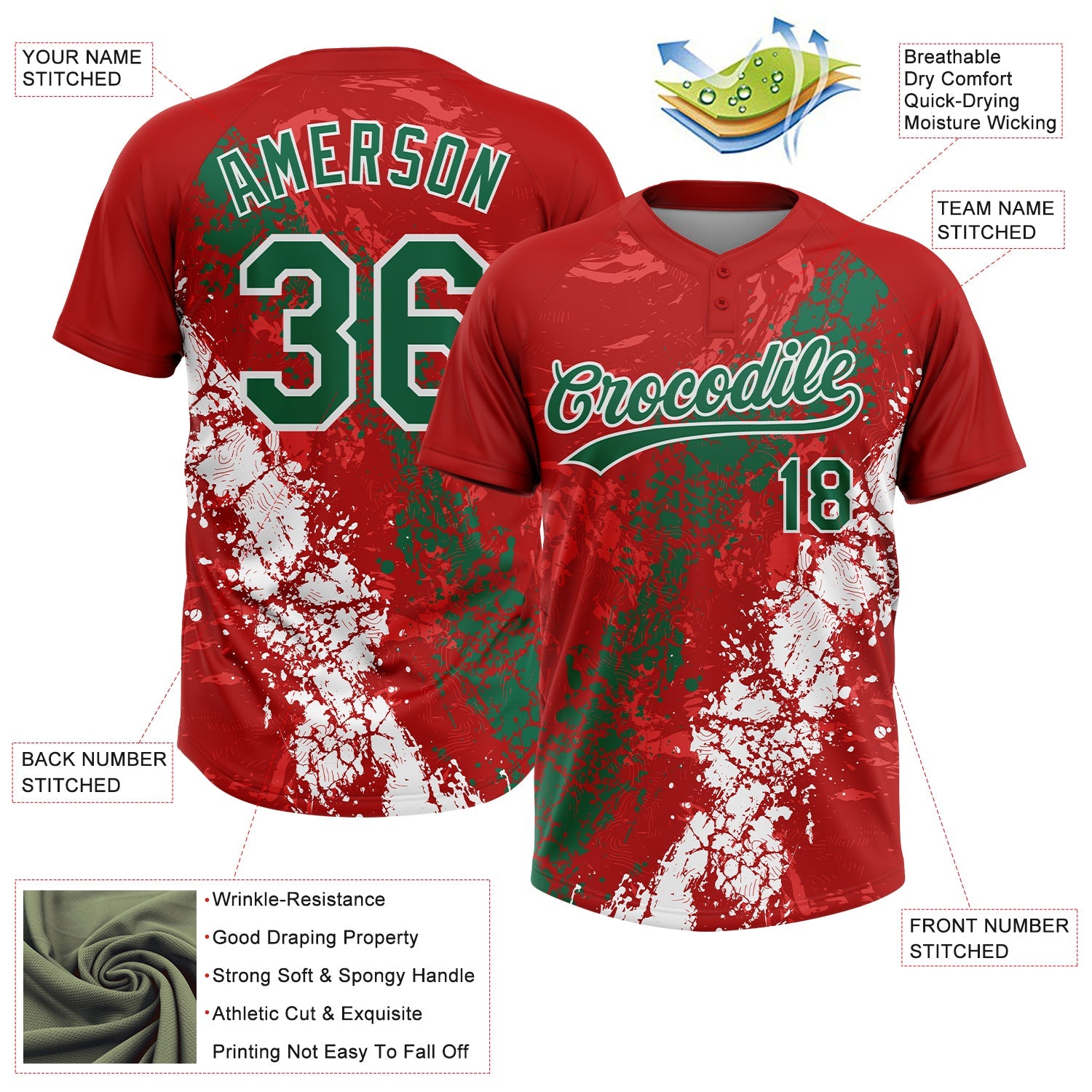 Custom Red Kelly Green-White Dripping Splatter Cracked Texture Two-Button Unisex Softball Jersey