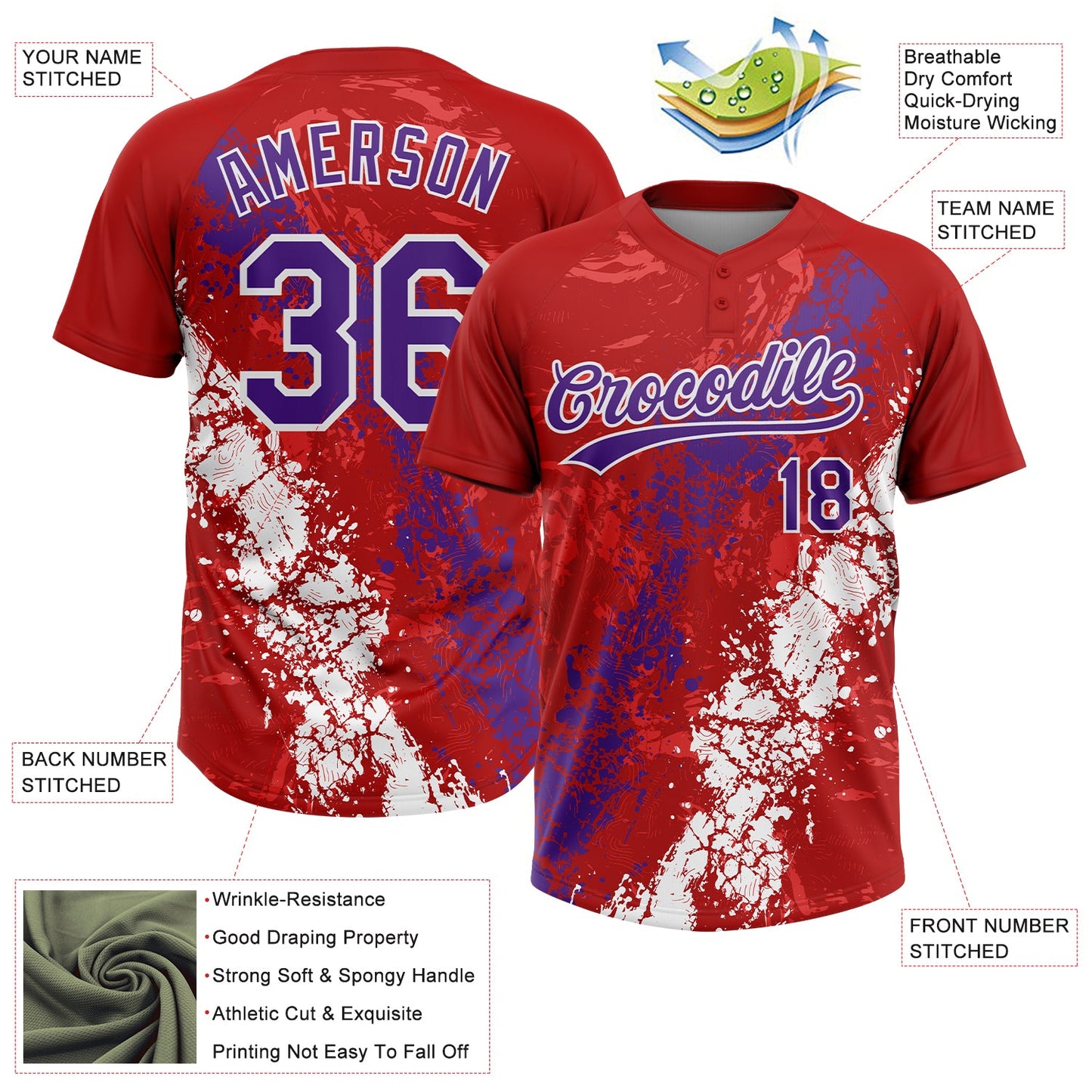 Custom Red Purple-White Dripping Splatter Cracked Texture Two-Button Unisex Softball Jersey