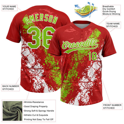Custom Red Neon Green-White Dripping Splatter Cracked Texture Two-Button Unisex Softball Jersey