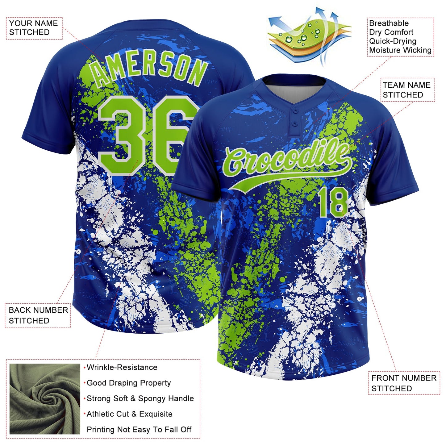 Custom Royal Neon Green-White Dripping Splatter Cracked Texture Two-Button Unisex Softball Jersey
