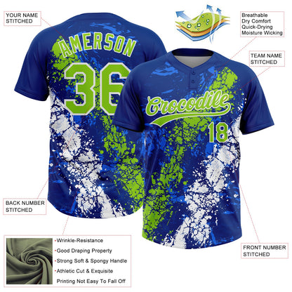 Custom Royal Neon Green-White Dripping Splatter Cracked Texture Two-Button Unisex Softball Jersey