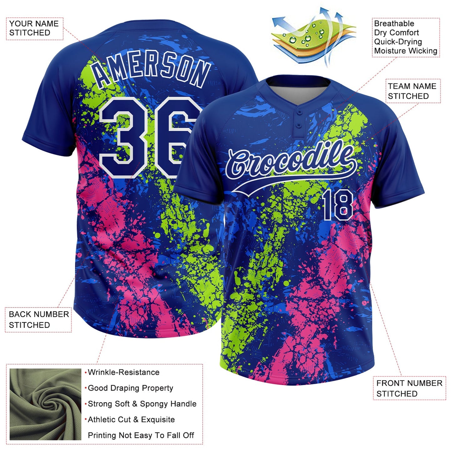 Custom Royal Neon Green Pink-White Dripping Splatter Cracked Texture Two-Button Unisex Softball Jersey