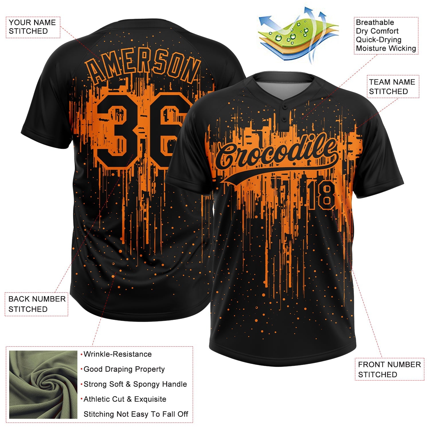 Custom Black Bay Orange Dripping Splatter Paint Two-Button Unisex Softball Jersey