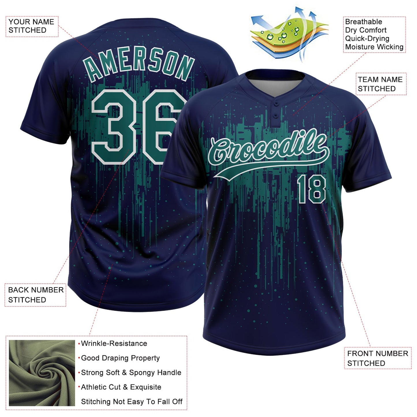 Custom Navy Teal-White Dripping Splatter Paint Two-Button Unisex Softball Jersey