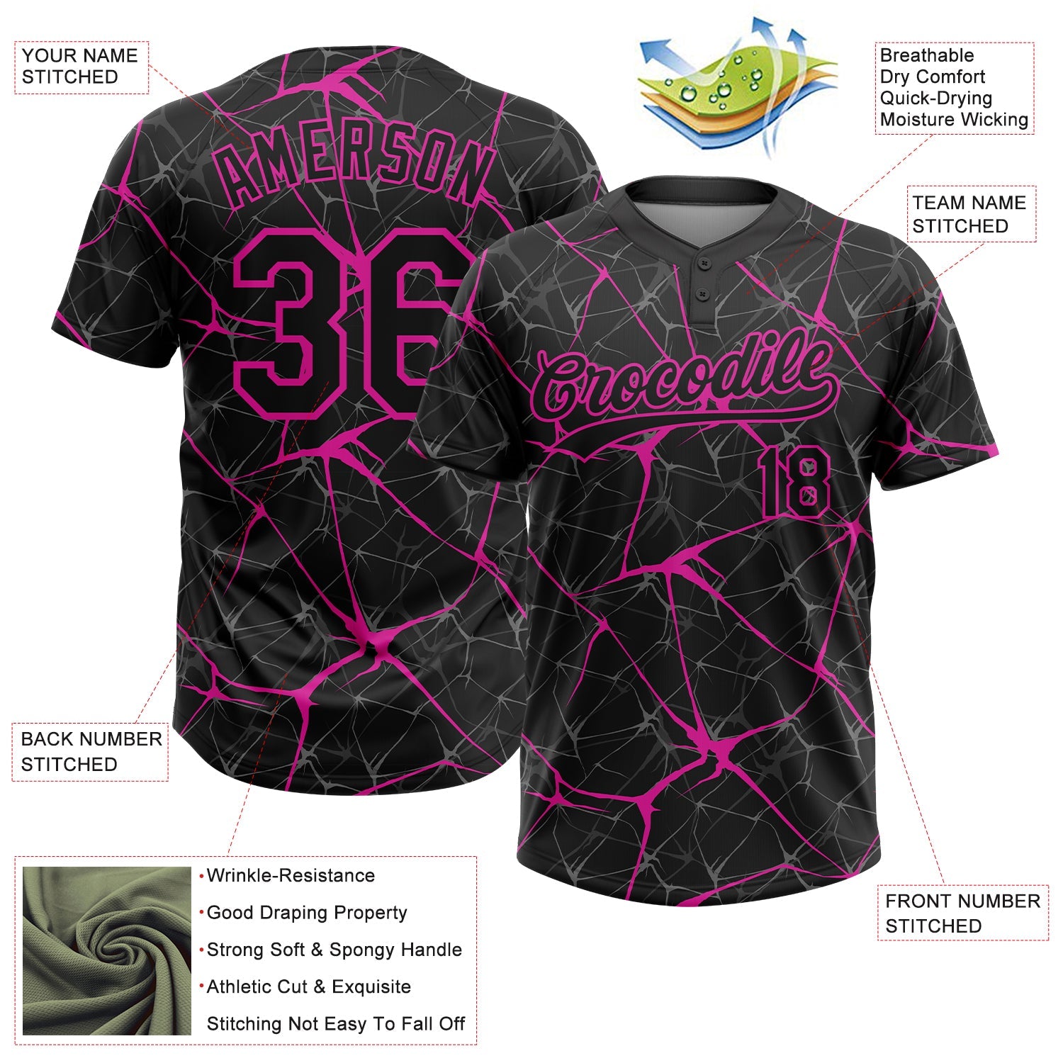 Custom Black Deep Pink  Abstract Network Two-Button Unisex Softball Jersey