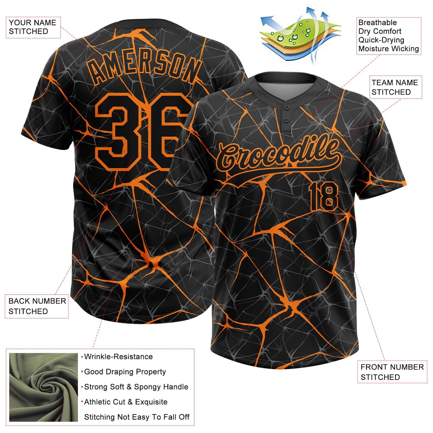 Custom Black Bay Orange  Abstract Network Two-Button Unisex Softball Jersey