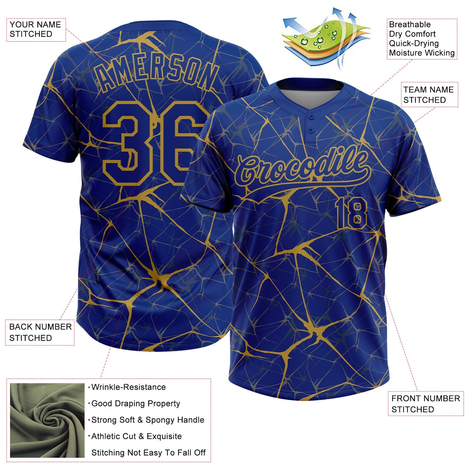 Custom Royal Old Gold  Abstract Network Two-Button Unisex Softball Jersey