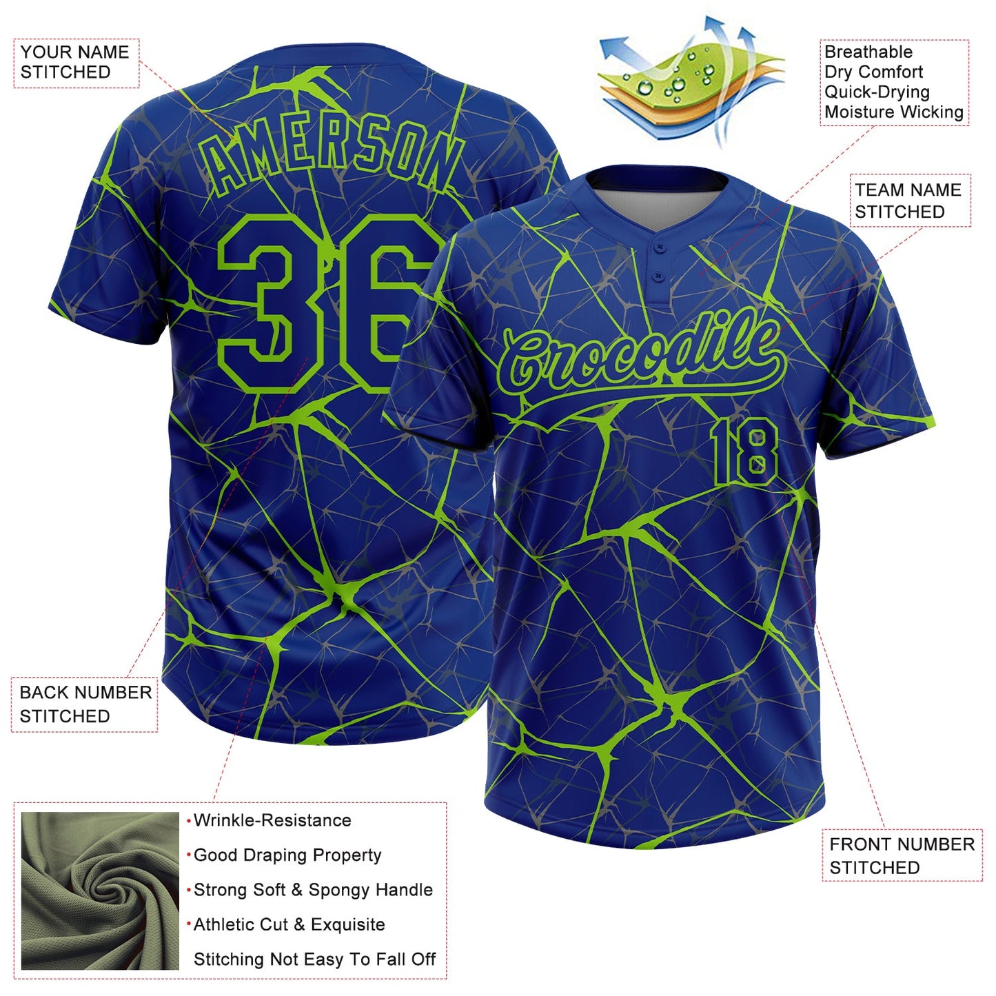 Custom Royal Neon Green  Abstract Network Two-Button Unisex Softball Jersey