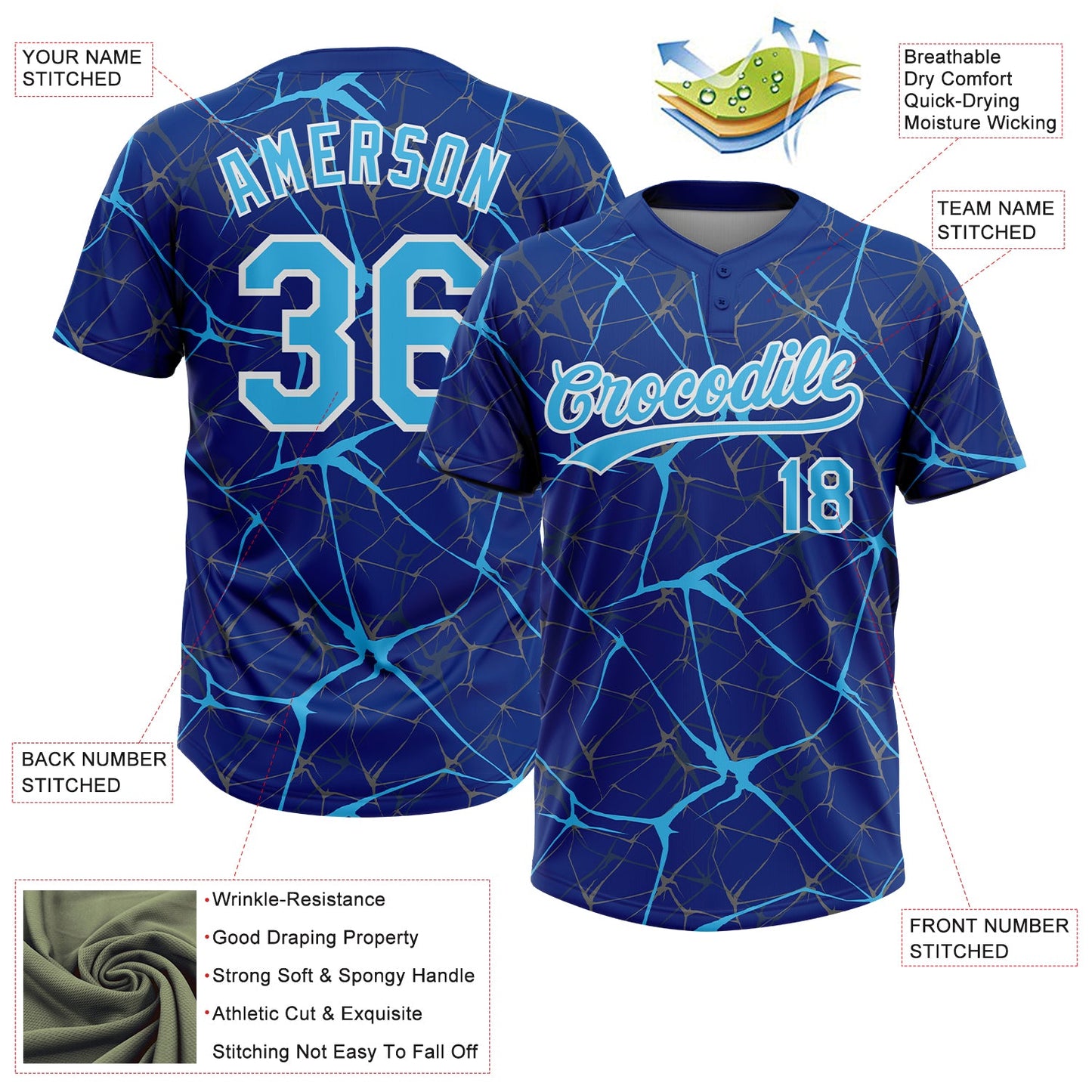 Custom Royal Sky Blue-White  Abstract Network Two-Button Unisex Softball Jersey
