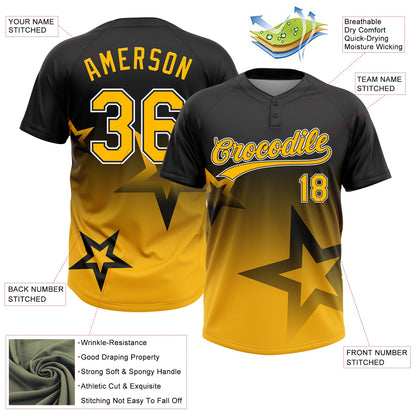 Custom Black Gold-White Gradient Style Twinkle Star Two-Button Unisex Softball Jersey
