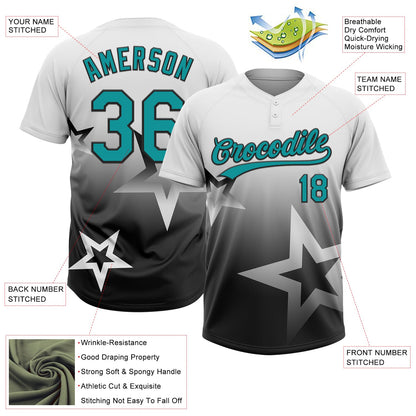 Custom White Teal-Black Gradient Style Twinkle Star Two-Button Unisex Softball Jersey