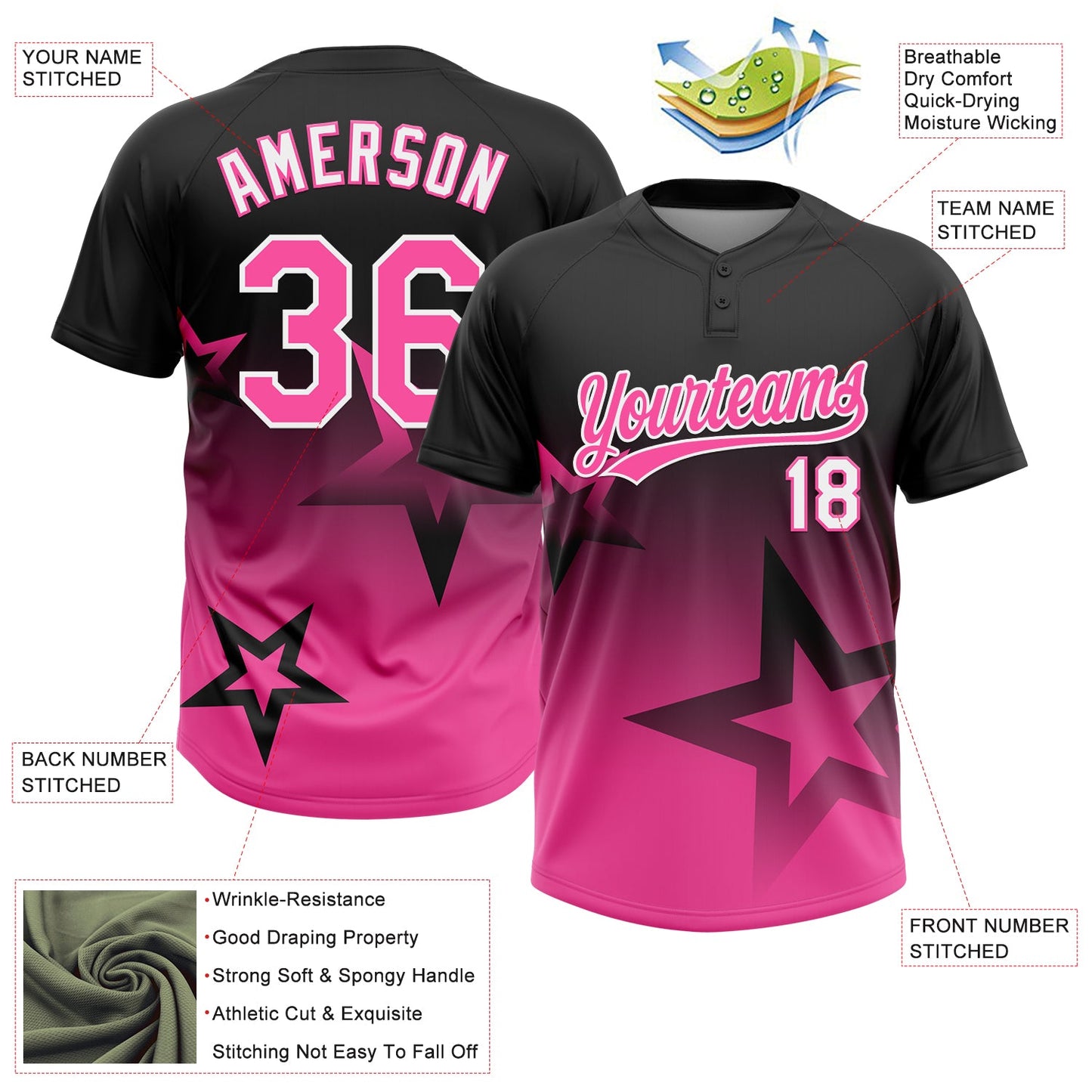 Custom Black Pink-White Gradient Style Twinkle Star Two-Button Unisex Softball Jersey