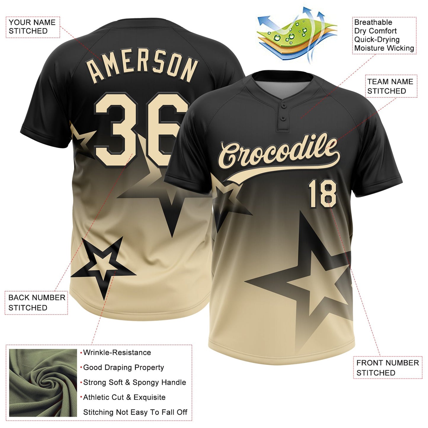Custom Black Cream Gradient Style Twinkle Star Two-Button Unisex Softball Jersey