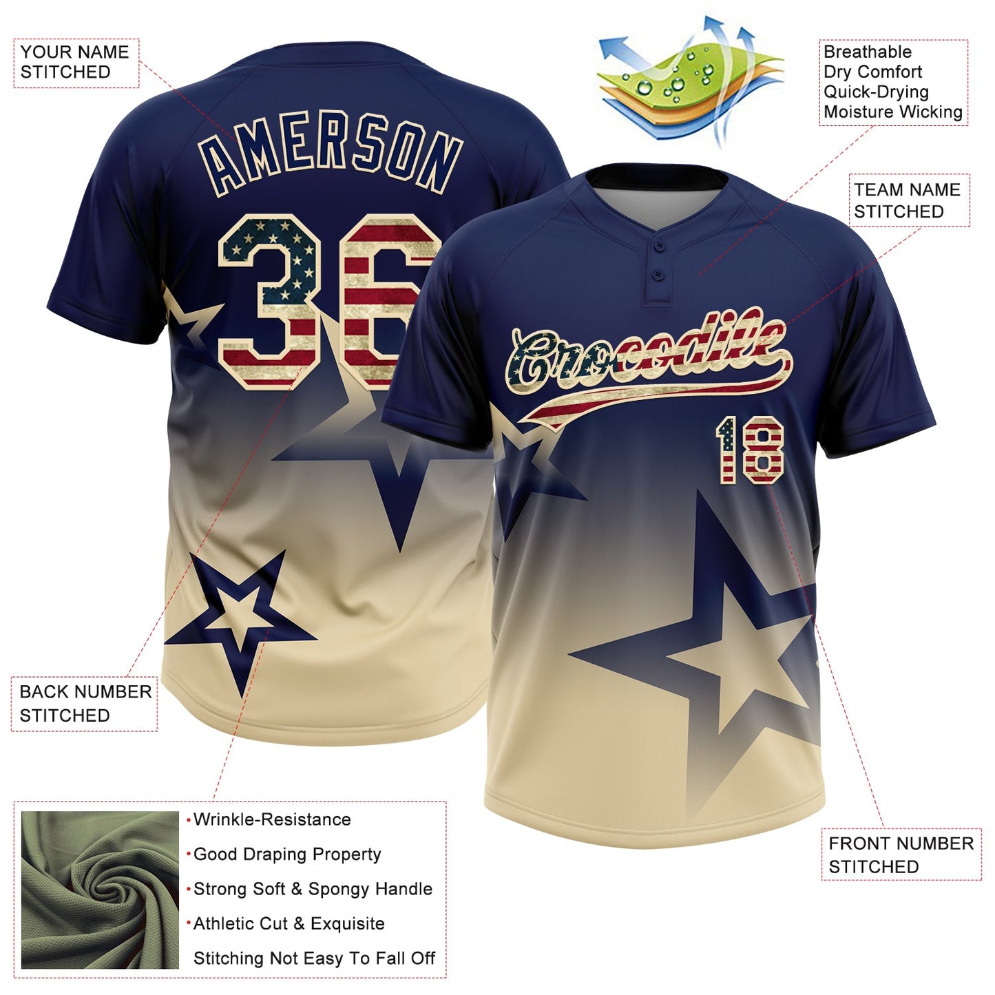 Custom Navy Vintage USA Flag-Cream Gradient Style Twinkle Star Two-Button Unisex Softball Jersey