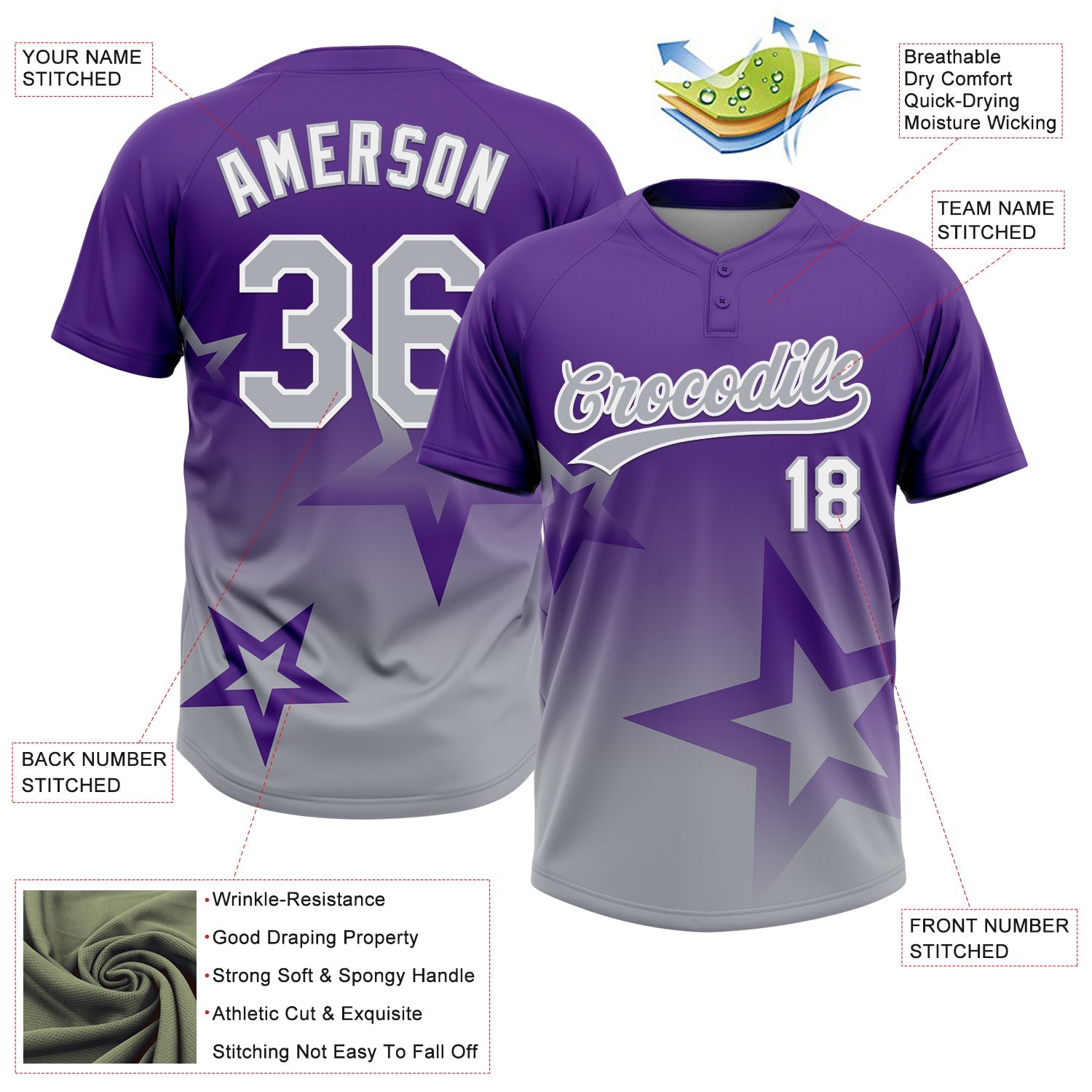 Custom Purple Gray-White Gradient Style Twinkle Star Two-Button Unisex Softball Jersey