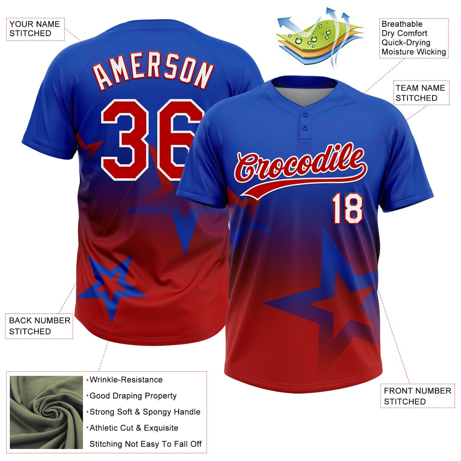 Custom Thunder Blue Red-White Gradient Style Twinkle Star Two-Button Unisex Softball Jersey