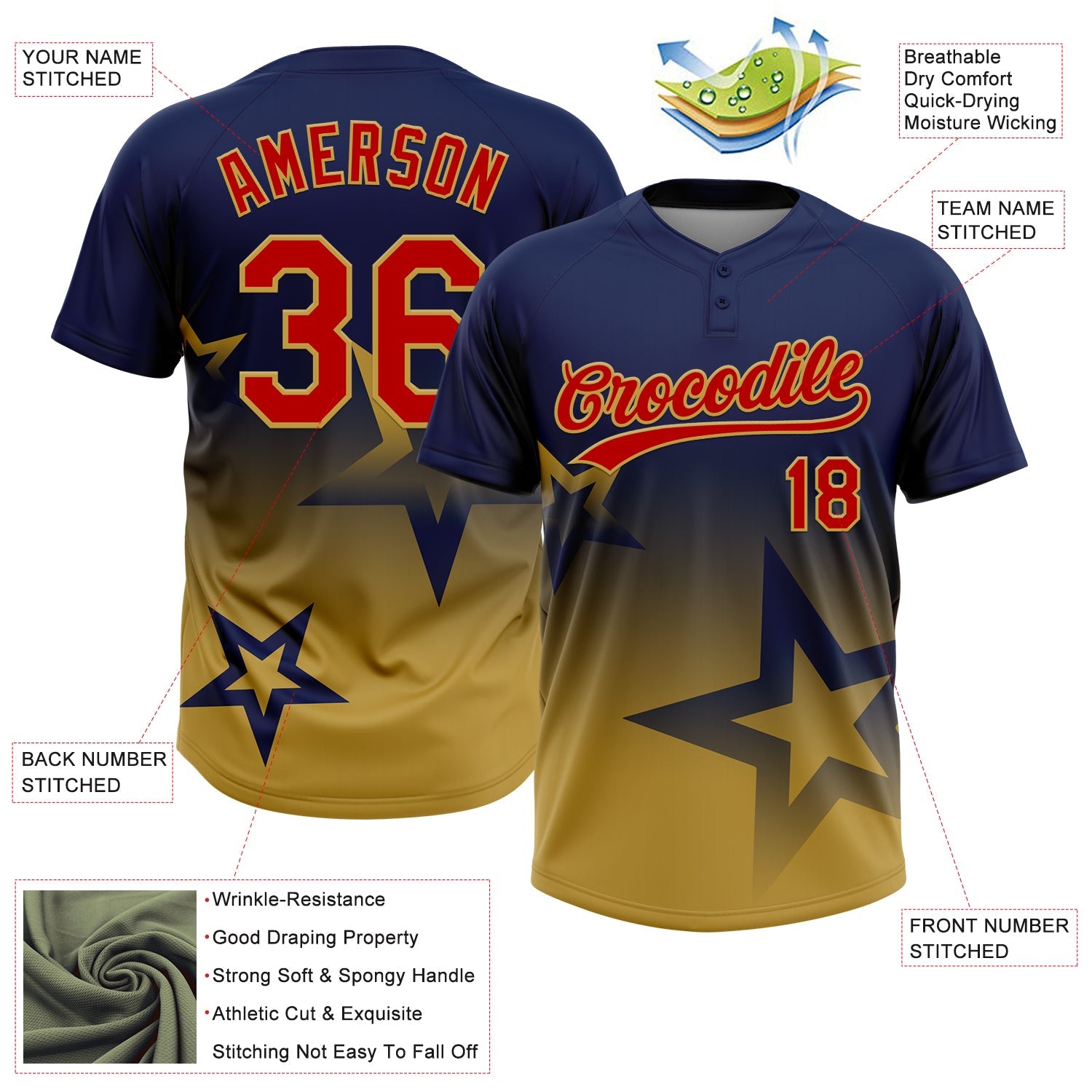 Custom Navy Red-Old Gold Gradient Style Twinkle Star Two-Button Unisex Softball Jersey