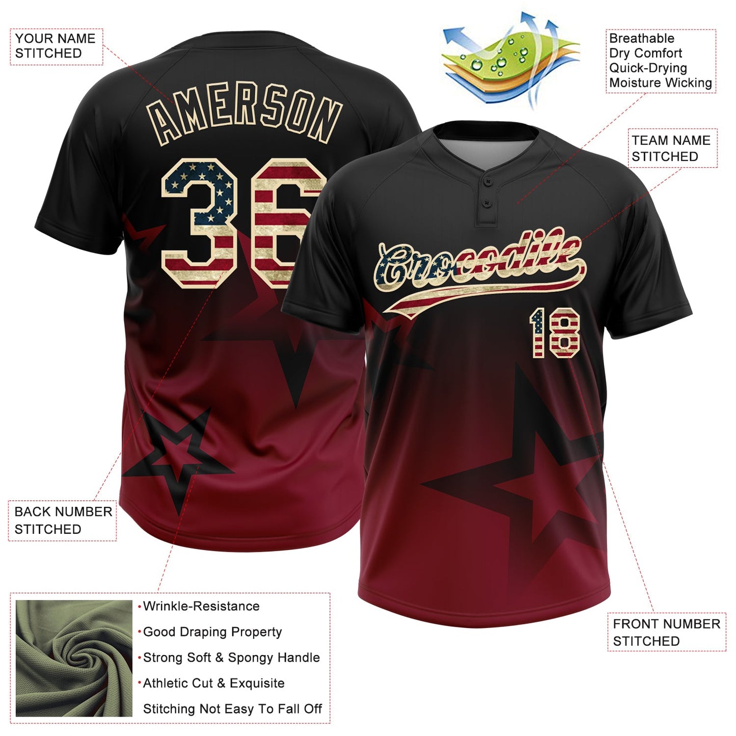 Custom Black Vintage USA Flag Crimson-Cream Gradient Style Twinkle Star Two-Button Unisex Softball Jersey
