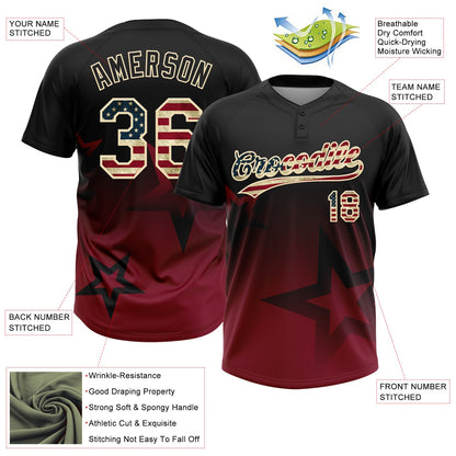 Custom Black Vintage USA Flag Crimson-Cream Gradient Style Twinkle Star Two-Button Unisex Softball Jersey