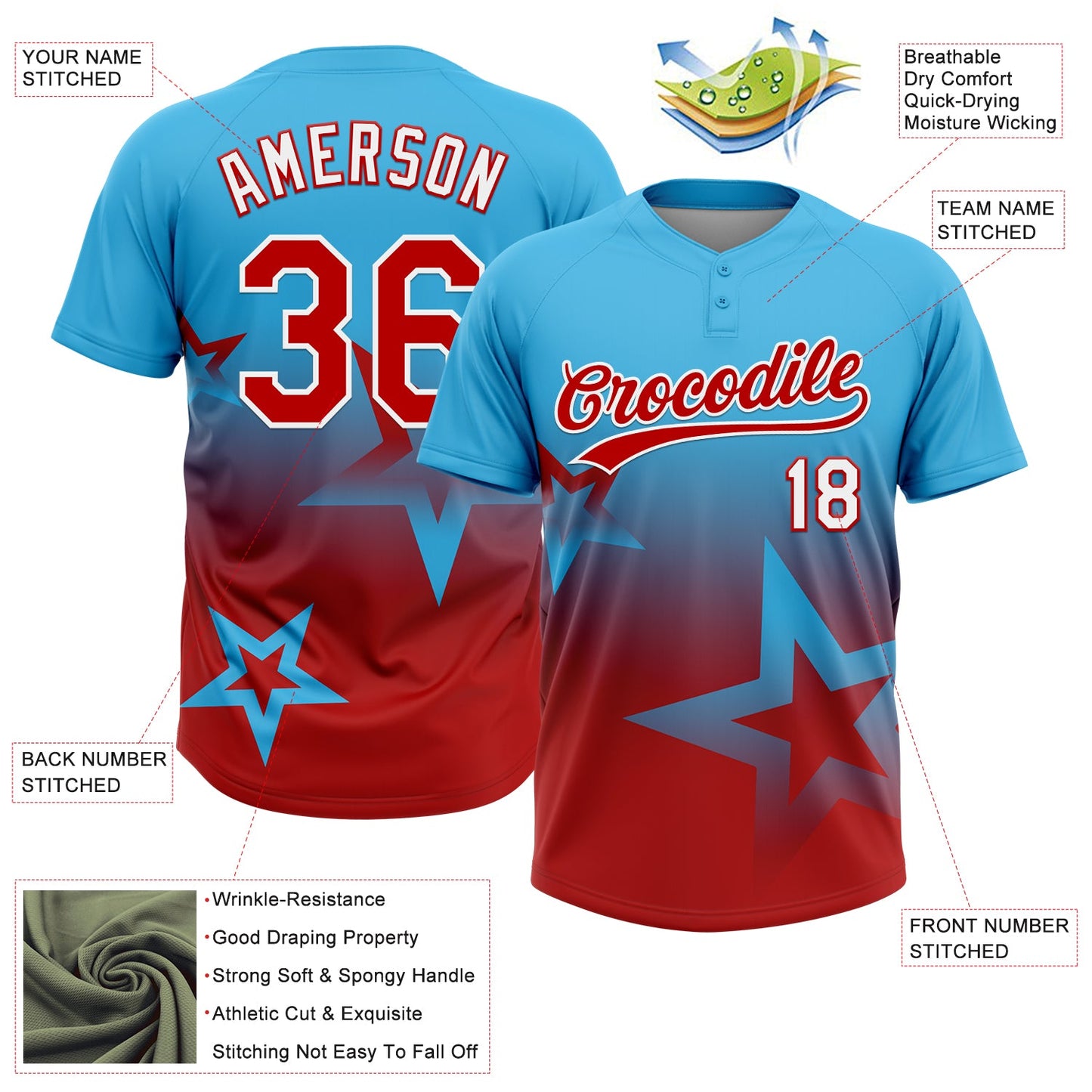 Custom Sky Blue Red-White Gradient Style Twinkle Star Two-Button Unisex Softball Jersey