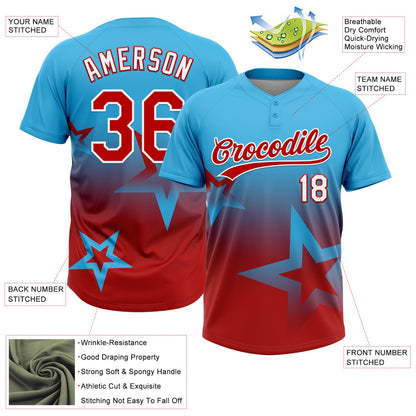 Custom Sky Blue Red-White Gradient Style Twinkle Star Two-Button Unisex Softball Jersey