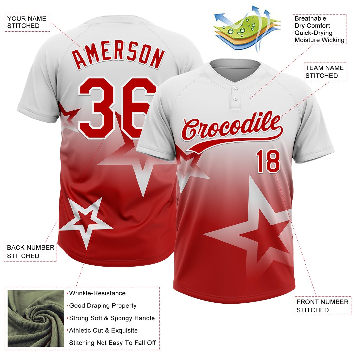 Custom White Red Gradient Style Twinkle Star Two-Button Unisex Softball Jersey