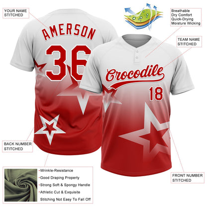 Custom White Red Gradient Style Twinkle Star Two-Button Unisex Softball Jersey