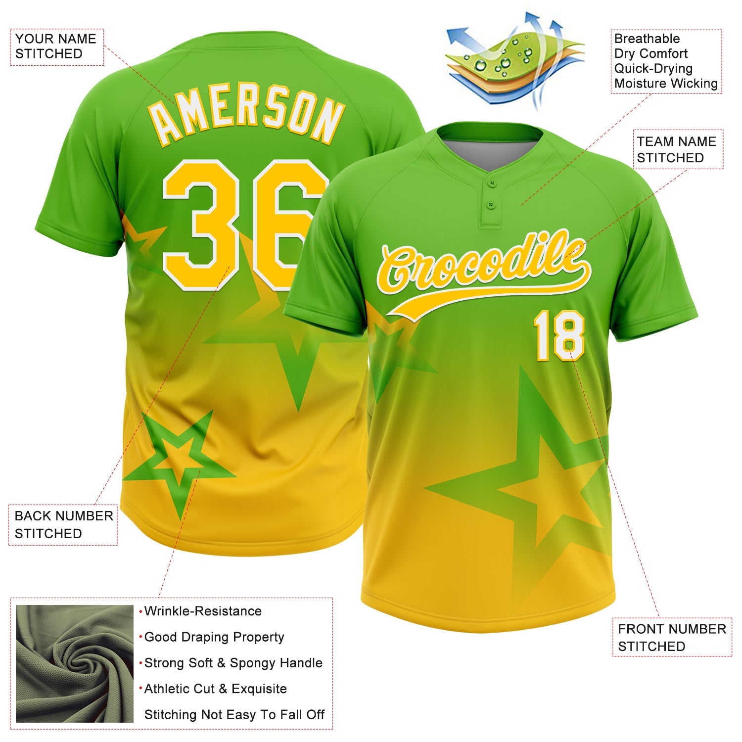 Custom Aurora Green Yellow-White Gradient Style Twinkle Star Two-Button Unisex Softball Jersey