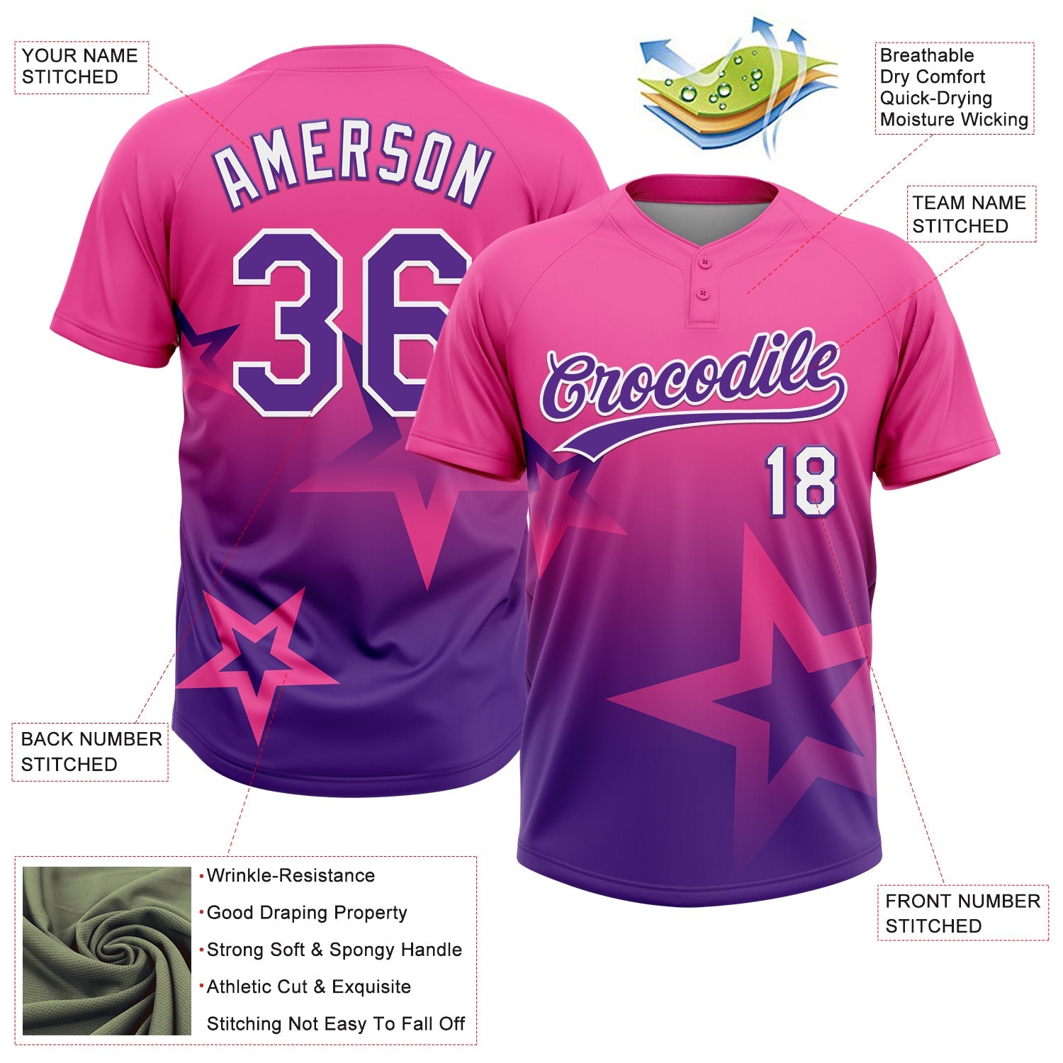 Custom Pink Purple-White Gradient Style Twinkle Star Two-Button Unisex Softball Jersey
