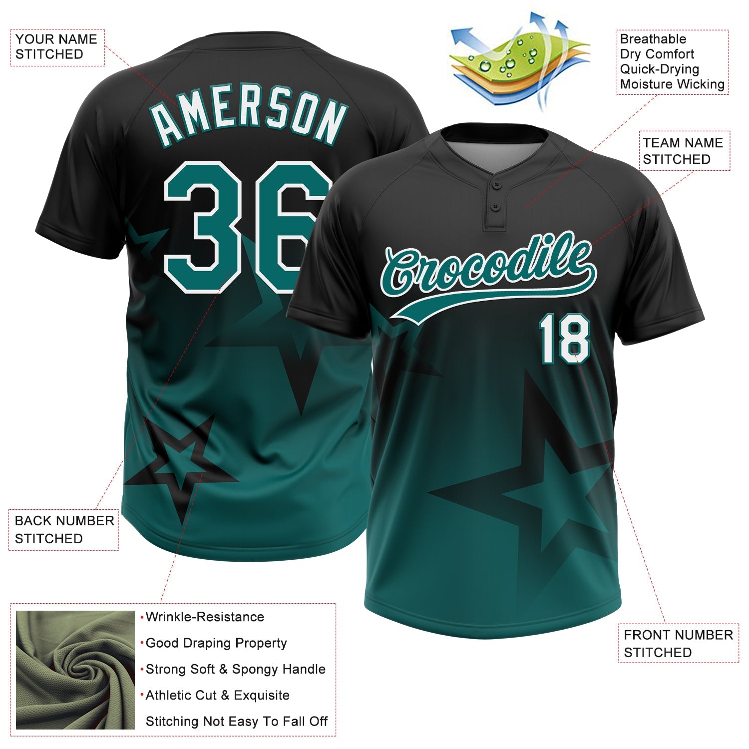 Custom Black Teal-White Gradient Style Twinkle Star Two-Button Unisex Softball Jersey