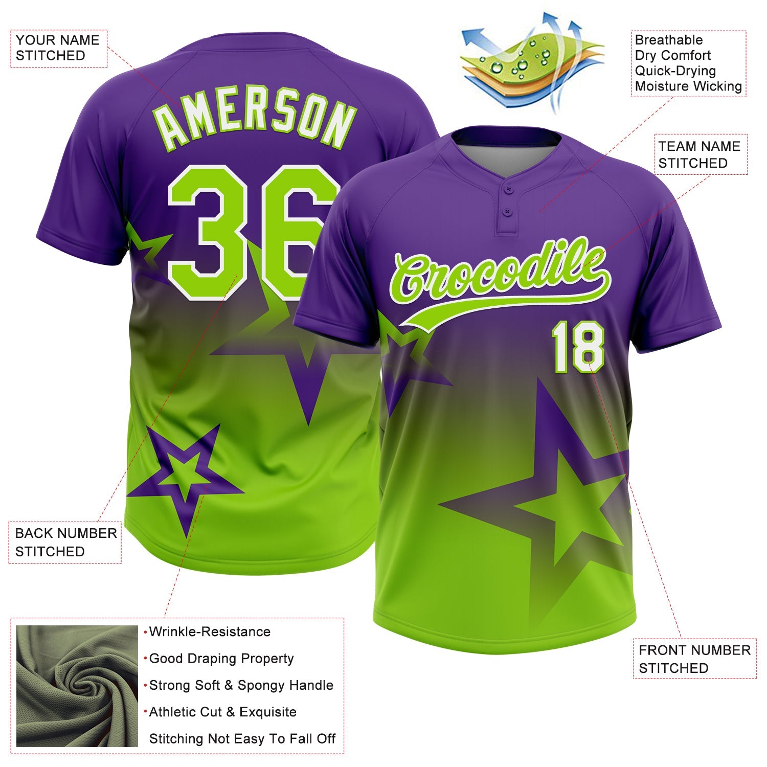 Custom Purple Neon Green-White Gradient Style Twinkle Star Two-Button Unisex Softball Jersey