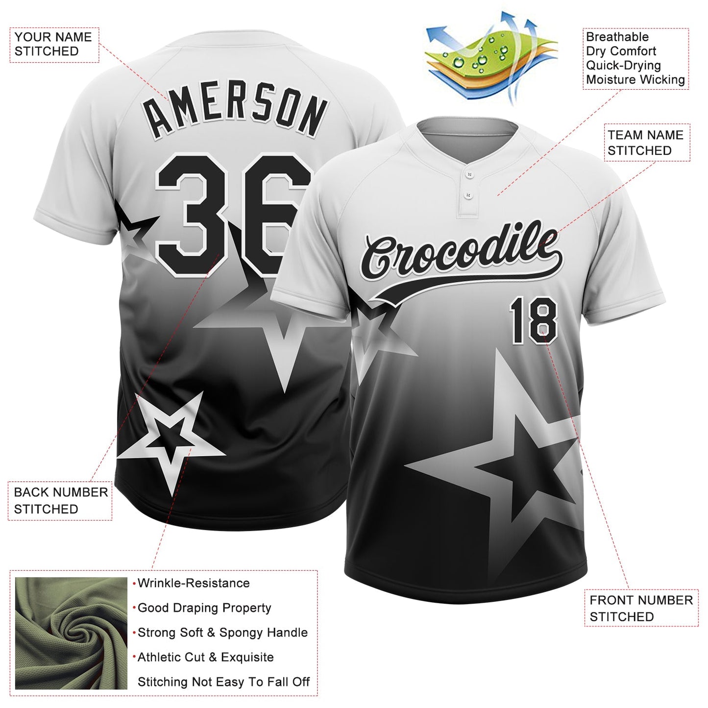 Custom White Black Gradient Style Twinkle Star Two-Button Unisex Softball Jersey