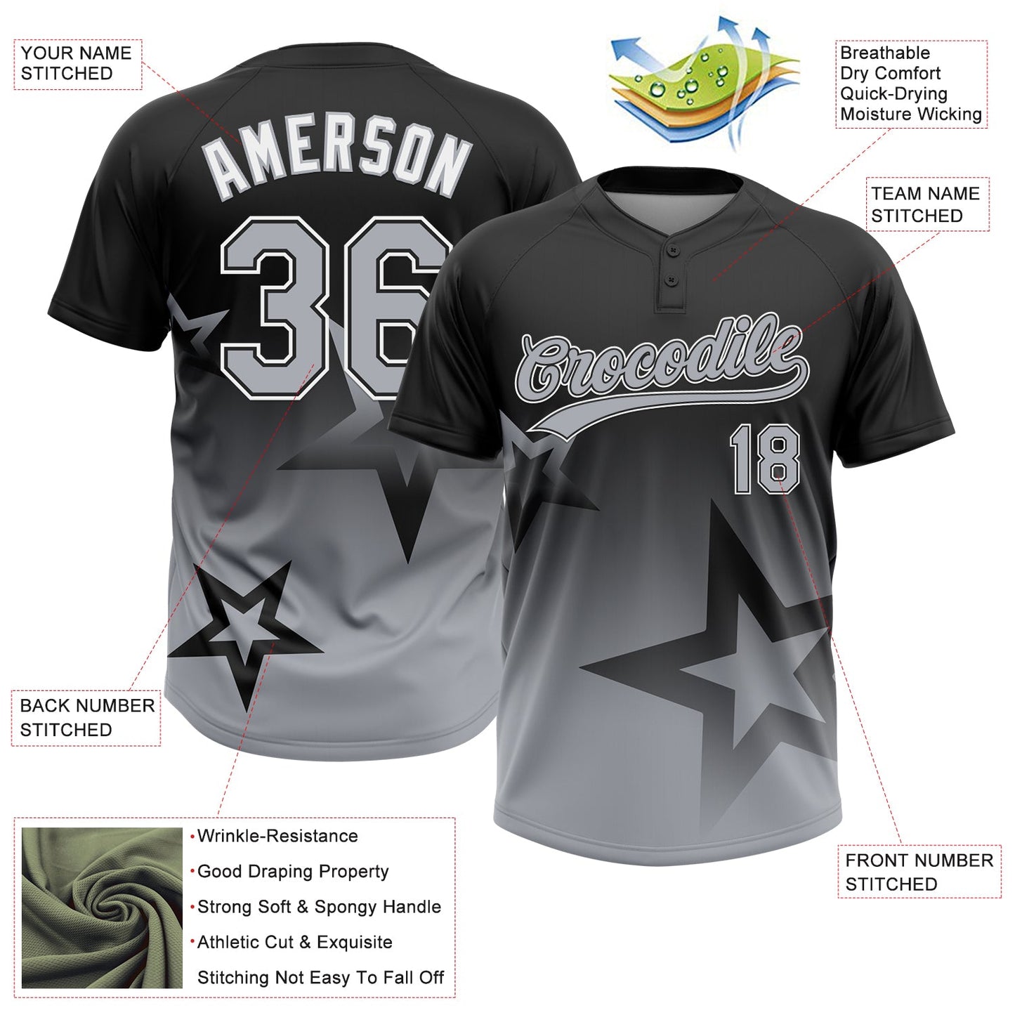 Custom Black Gray-White Gradient Style Twinkle Star Two-Button Unisex Softball Jersey