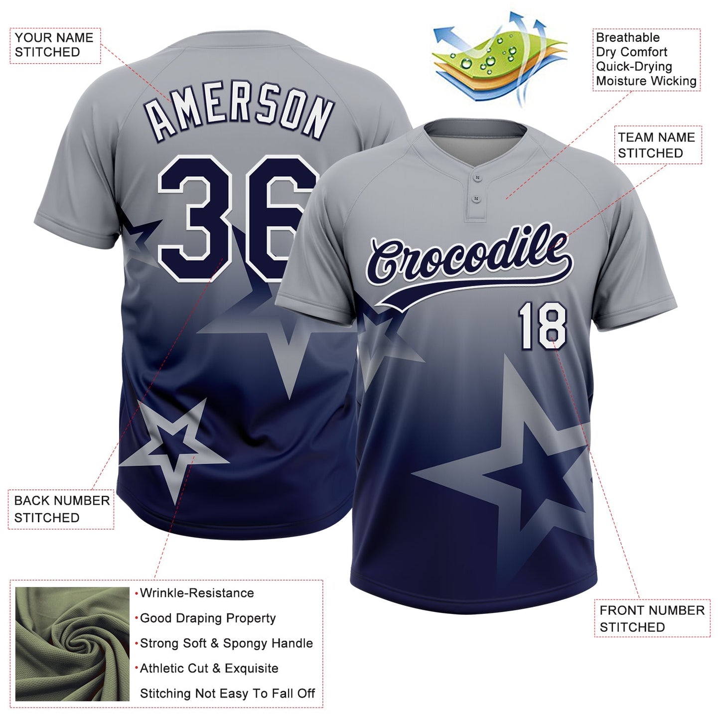Custom Gray Navy-White Gradient Style Twinkle Star Two-Button Unisex Softball Jersey