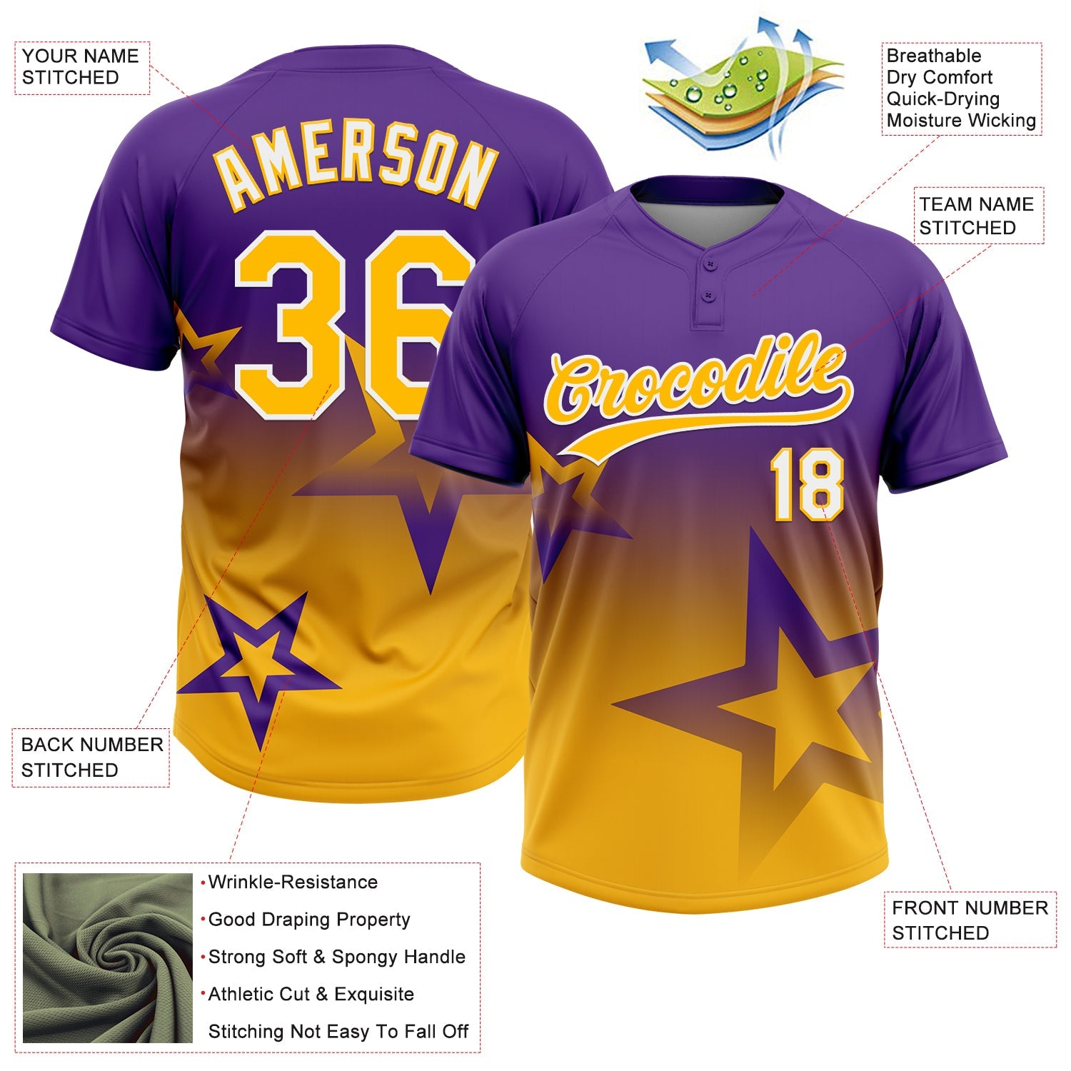 Custom Purple Gold-White Gradient Style Twinkle Star Two-Button Unisex Softball Jersey