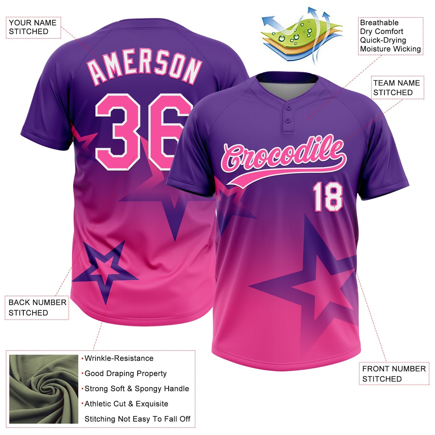 Custom Purple Pink-White Gradient Style Twinkle Star Two-Button Unisex Softball Jersey