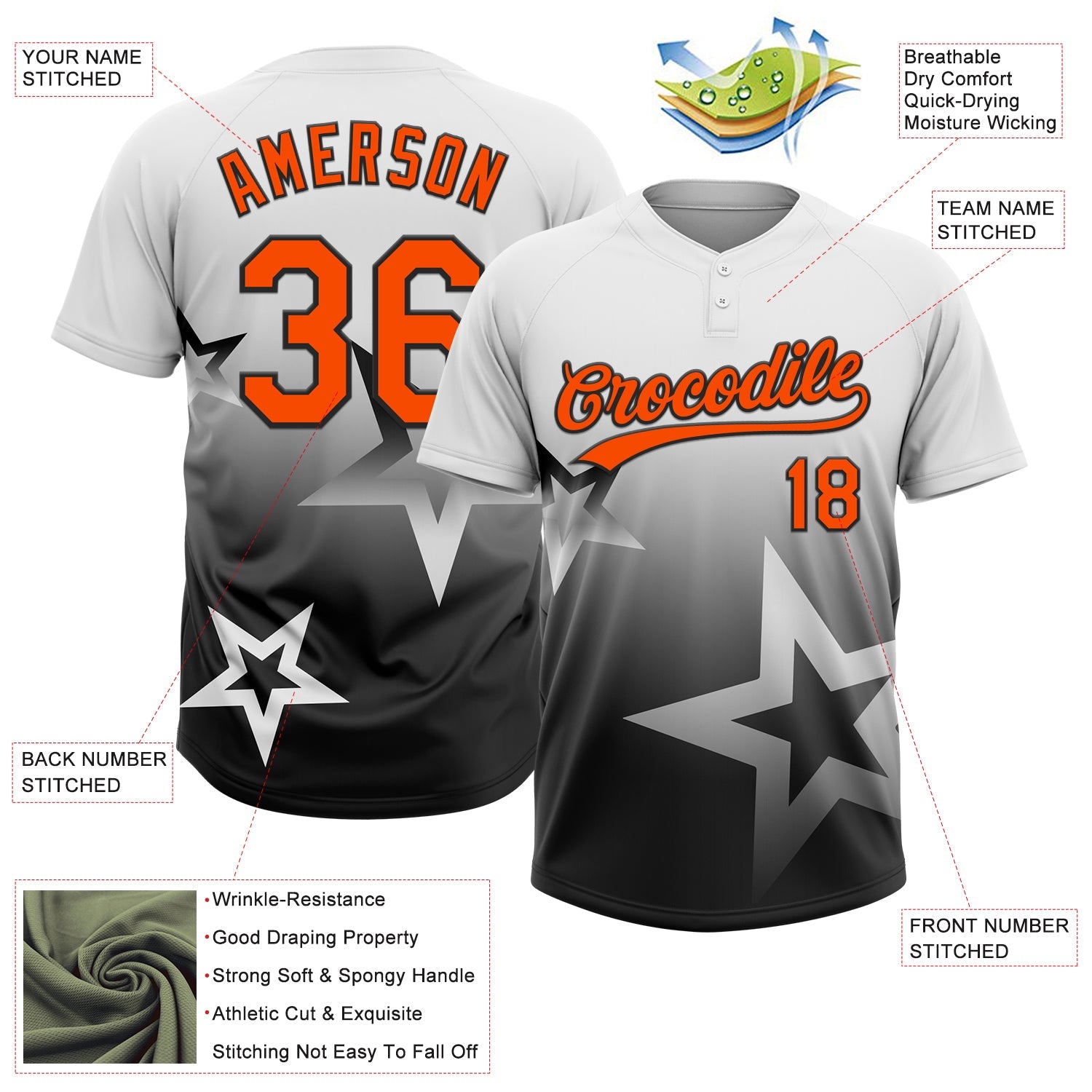 Custom White Orange-Black Gradient Style Twinkle Star Two-Button Unisex Softball Jersey