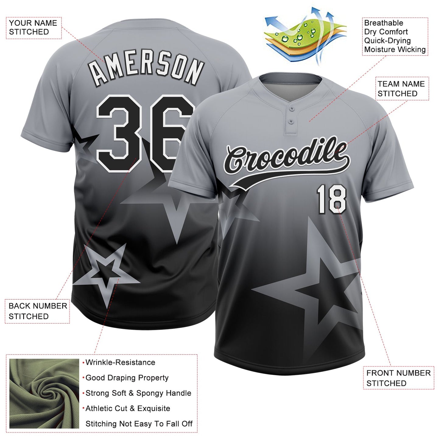 Custom Gray Black-White Gradient Style Twinkle Star Two-Button Unisex Softball Jersey