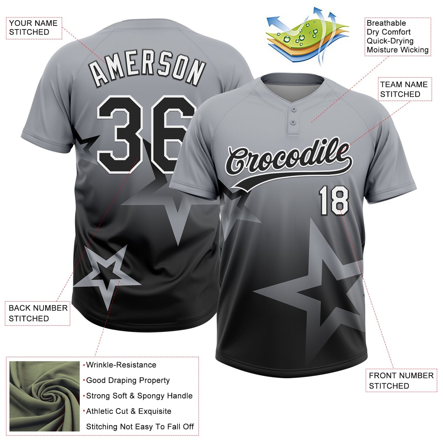 Custom Gray Black-White Gradient Style Twinkle Star Two-Button Unisex Softball Jersey