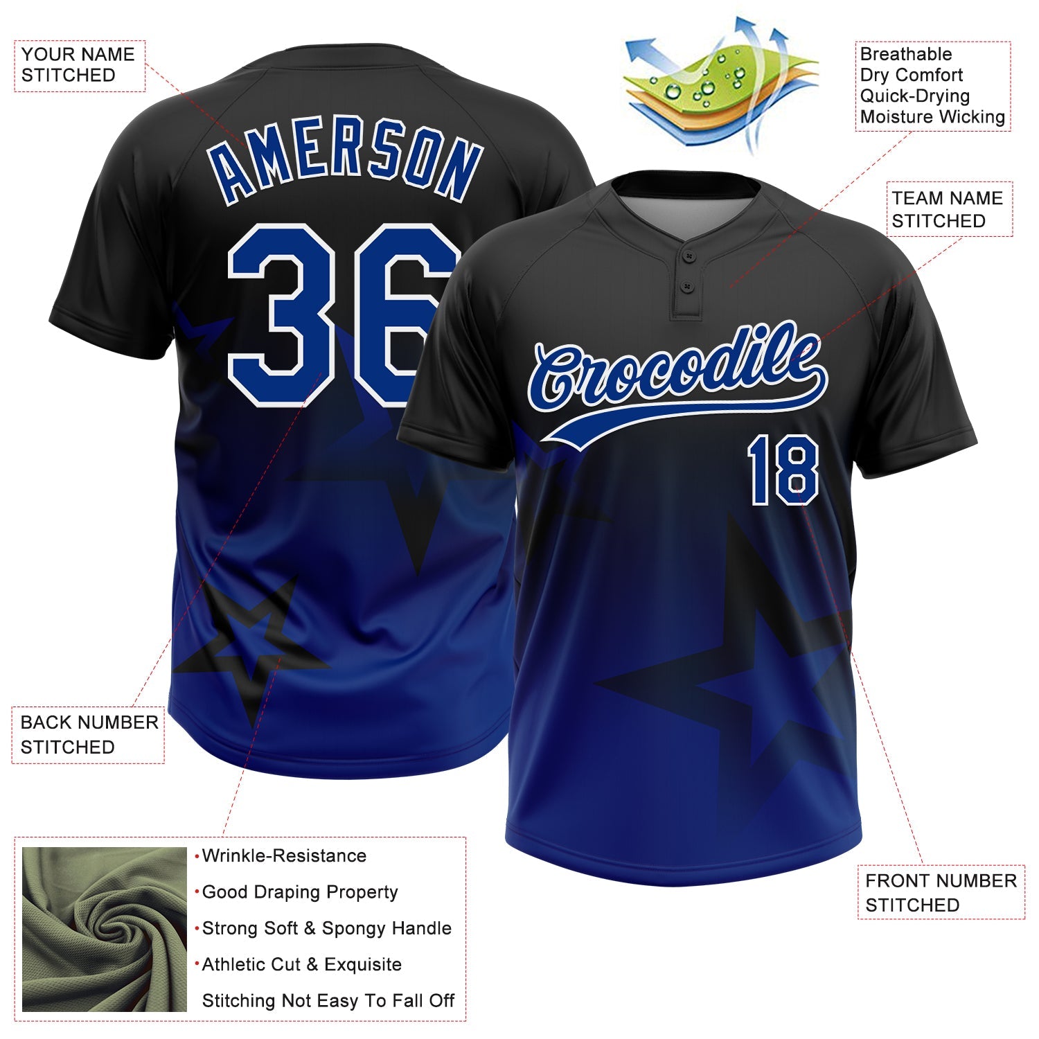 Custom Black Royal-White Gradient Style Twinkle Star Two-Button Unisex Softball Jersey