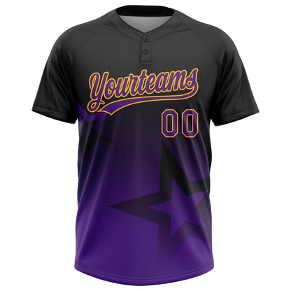 Custom Black Purple-Gold Gradient Style Twinkle Star Two-Button Unisex Softball Jersey