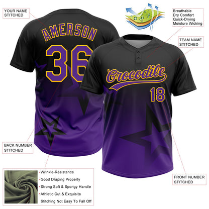 Custom Black Purple-Gold Gradient Style Twinkle Star Two-Button Unisex Softball Jersey