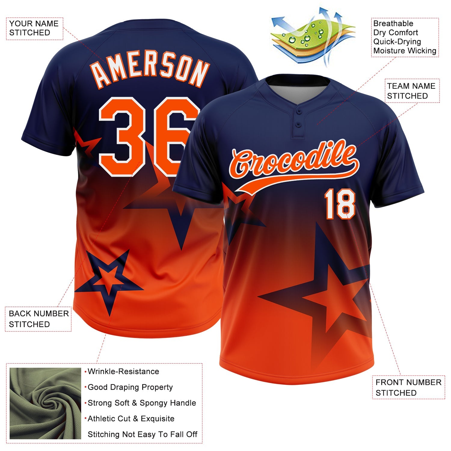 Custom Navy Orange-White Gradient Style Twinkle Star Two-Button Unisex Softball Jersey