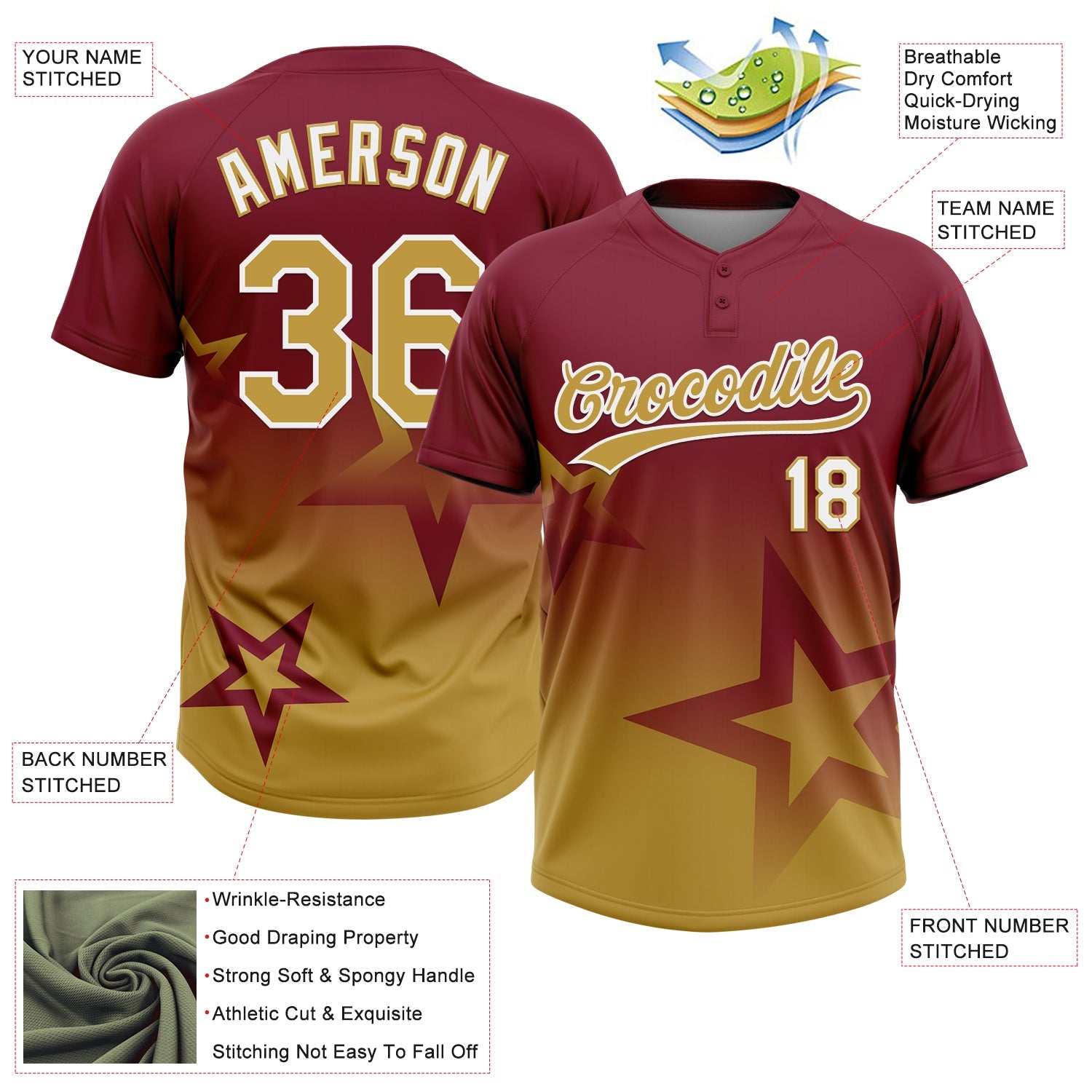 Custom Crimson Old Gold-White Gradient Style Twinkle Star Two-Button Unisex Softball Jersey