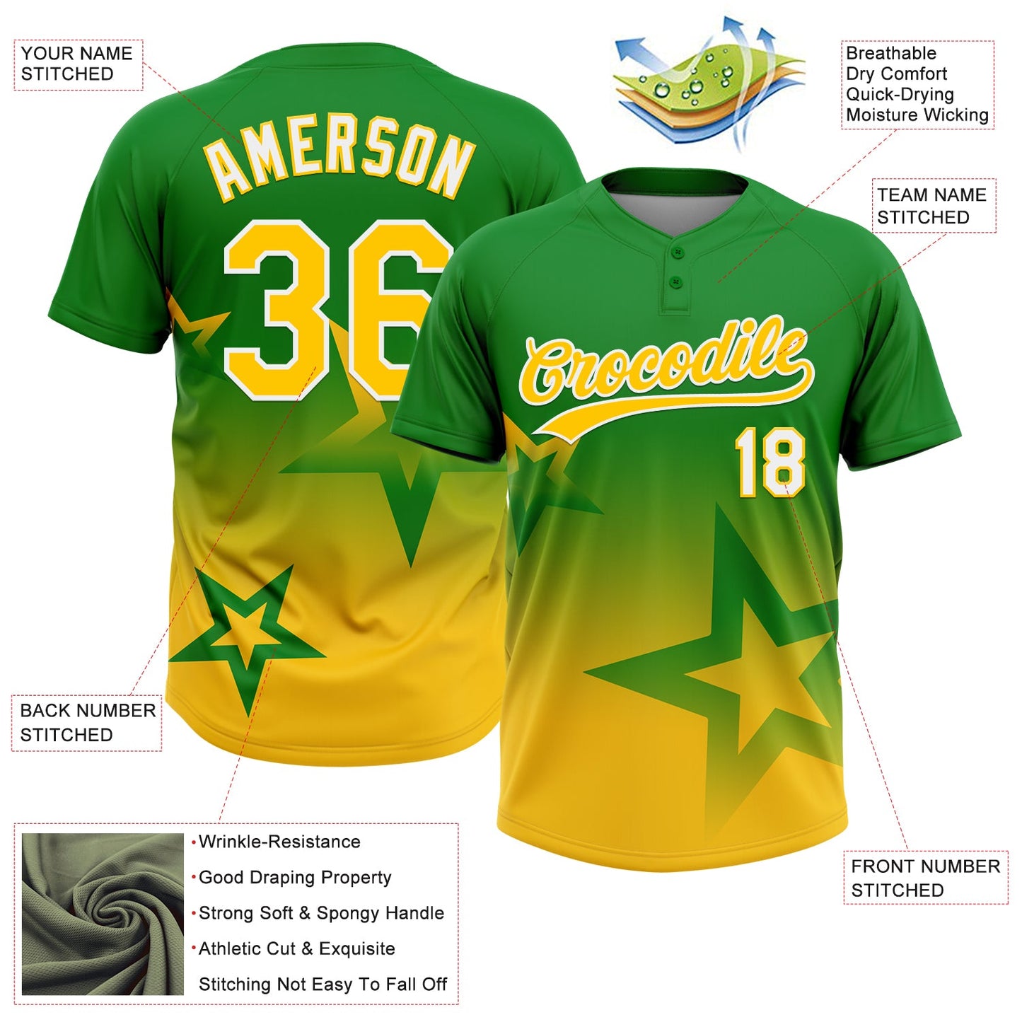 Custom Grass Green Yellow-White Gradient Style Twinkle Star Two-Button Unisex Softball Jersey